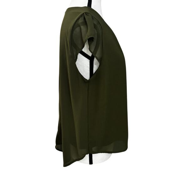 Lily White Olive Green Chiffon Blouse Women’s Large Pleated Cap Sleeve Top - Picture 4 of 8